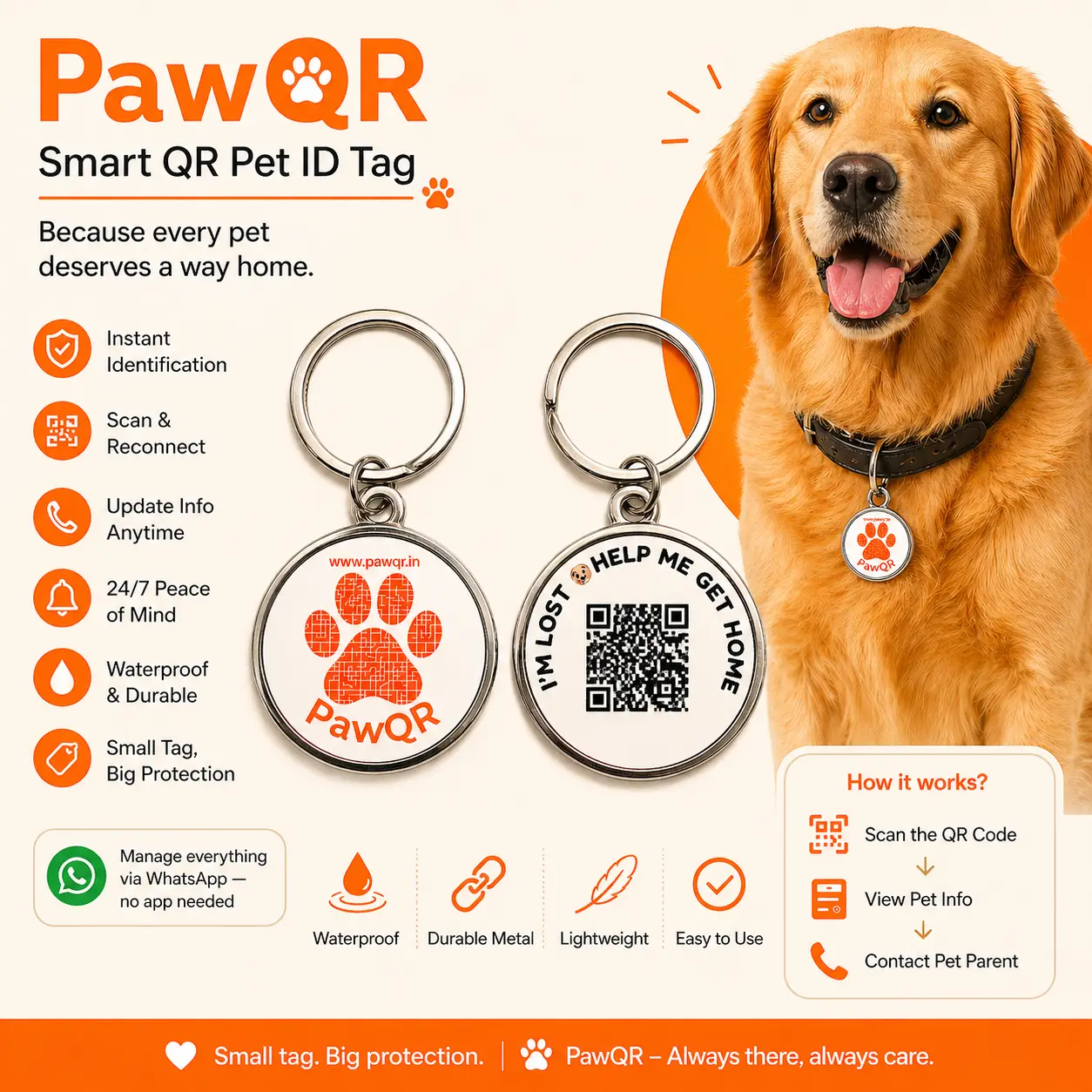 PawQR Smart QR Pet ID Tag — waterproof stainless steel collar tag